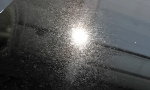 黒い車のボディに付着した水垢とウォータースポット