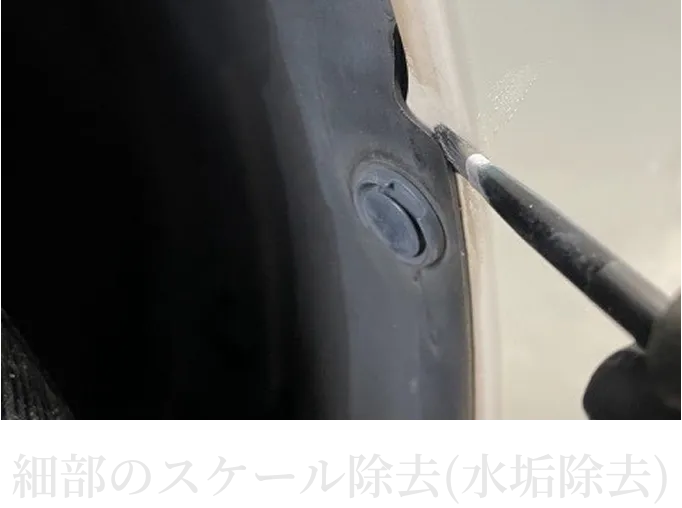 車の細部に付着したスケールや水垢を除去している様子